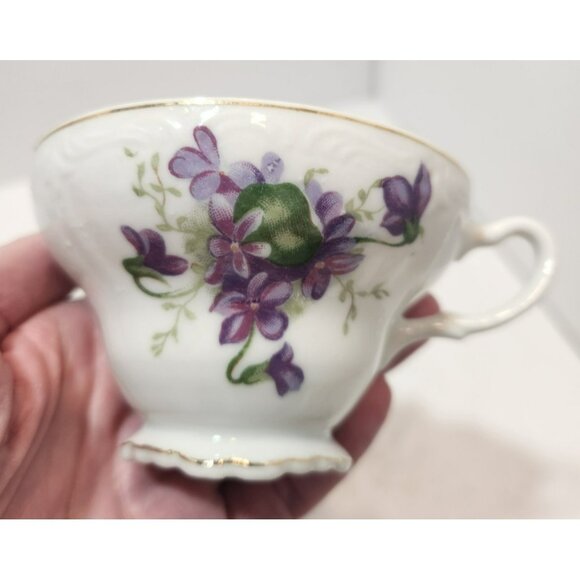 4 Mid Century Modern Shell Shaped Violets Bone China Luncheon Plates And Teacups - Picture 11 of 11